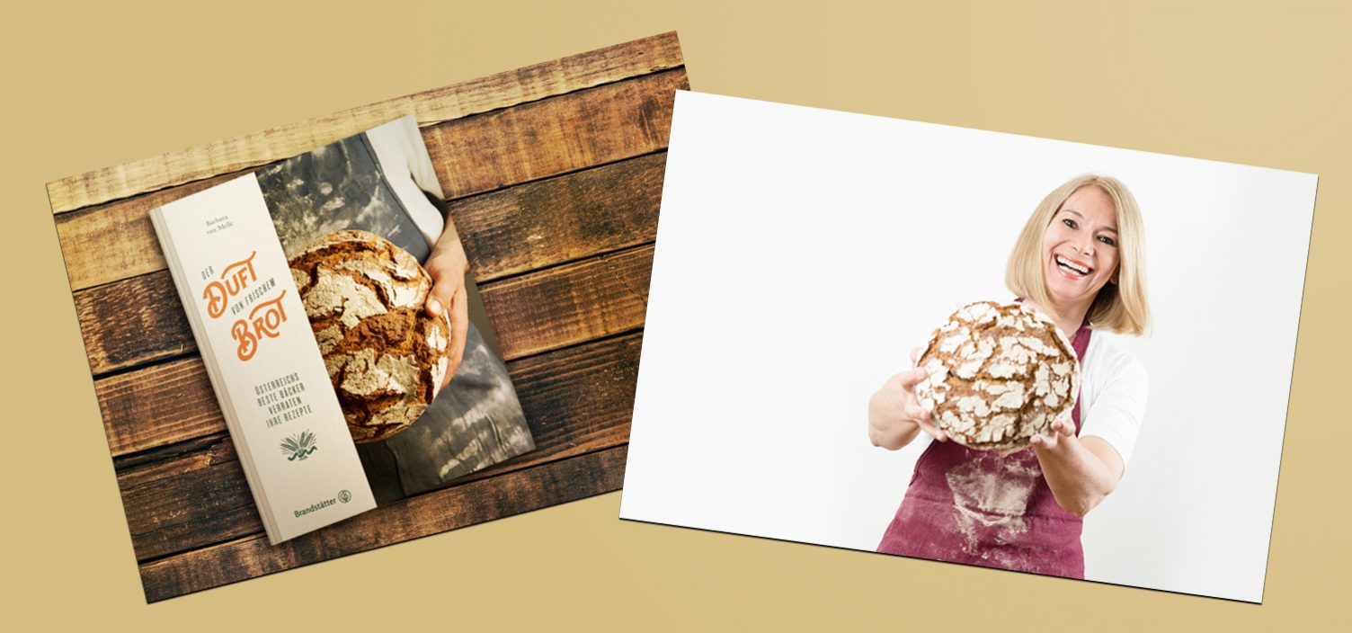 Zwei Aufnahmen. Links: Buch Der Duft von frischem Brot von Barbara van Melle. Rechts: Barbara van Melle lachend mit Laib Brot.